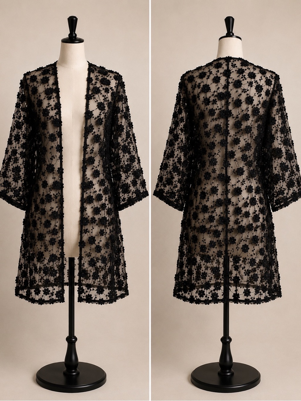 Cynthia Rowley Black Floral Appliqués Kimono Delicate Mesh To Knee & 3/4 Sleeve